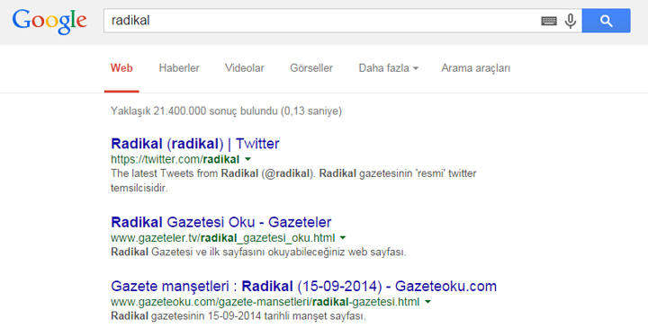 Google'da radikal arama sonucu