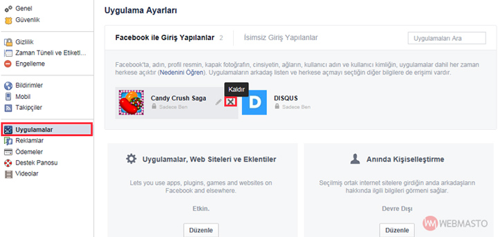 Facebook uygulama kaldırma