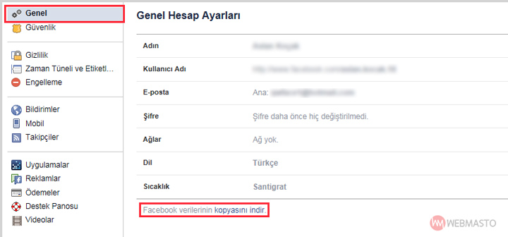 Facebook verilerini indirme