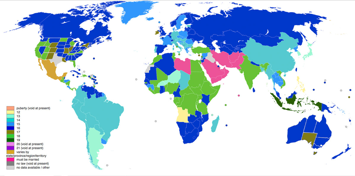 Reşit olma yaşları dünya haritası