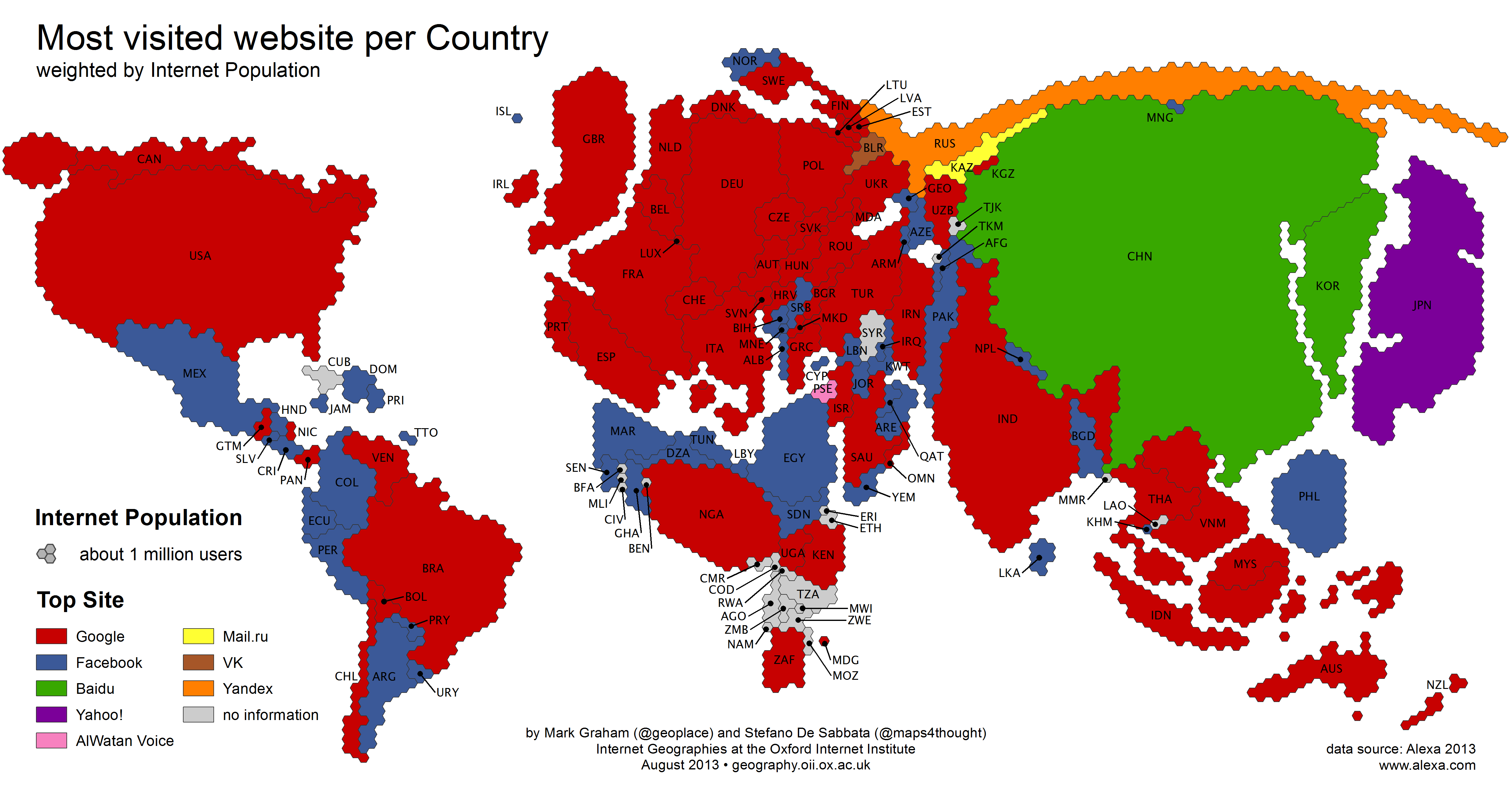 İnternet yoğunluğuna göre hazırlanmış dünyanın en popüler websiteleri haritası