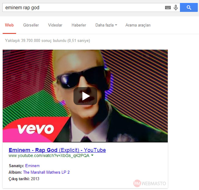 YouTube müzik videolarının Google arama sonuçlarındaki görüntüsü