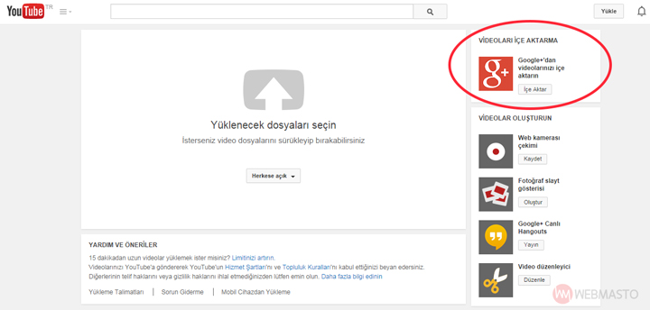 YouTube Google+ İçe Aktarma
